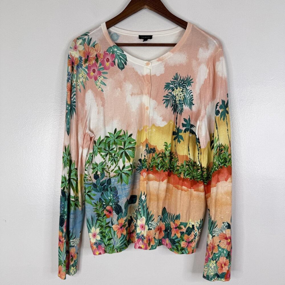 Talbots Cardigan Sunset Horizon Tropical Floral Sweater Womens XL Crewneck